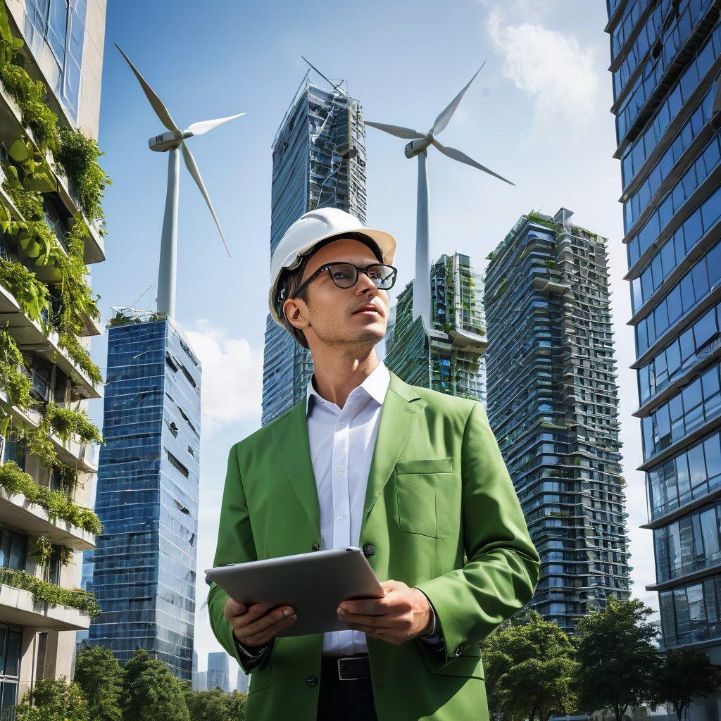 A dynamic illustration of an engineer standing confidently at the forefront of a sustainable cityscape, surrounded by green technology and renewable energy sources like solar panels and wind turbines. In the background, towering skyscrapers blend nature with innovation, symbolizing progress in sustainable development. The engineer should be analyzing blueprints and using a tablet, conveying a sense of problem-solving and motivation. Stunning contrast between vibrant greenery and modern architecture. super-realistic. vibrant colors. white background.