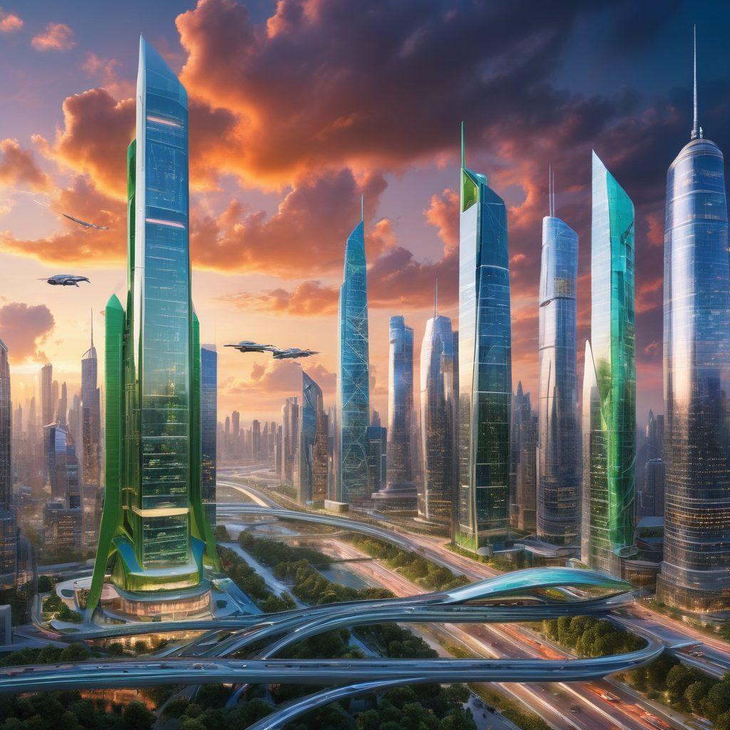 A futuristic city skyline featuring cutting-edge engineering innovations like sleek skyscrapers, flying vehicles, and green technology. In the foreground, a diverse group of engineers and architects are collaborating on blueprints, symbolizing the transformation of visionary ideas into reality. The sky is vibrant with dynamic colors representing creativity and inspiration. super-realistic. vibrant colors. 3D.